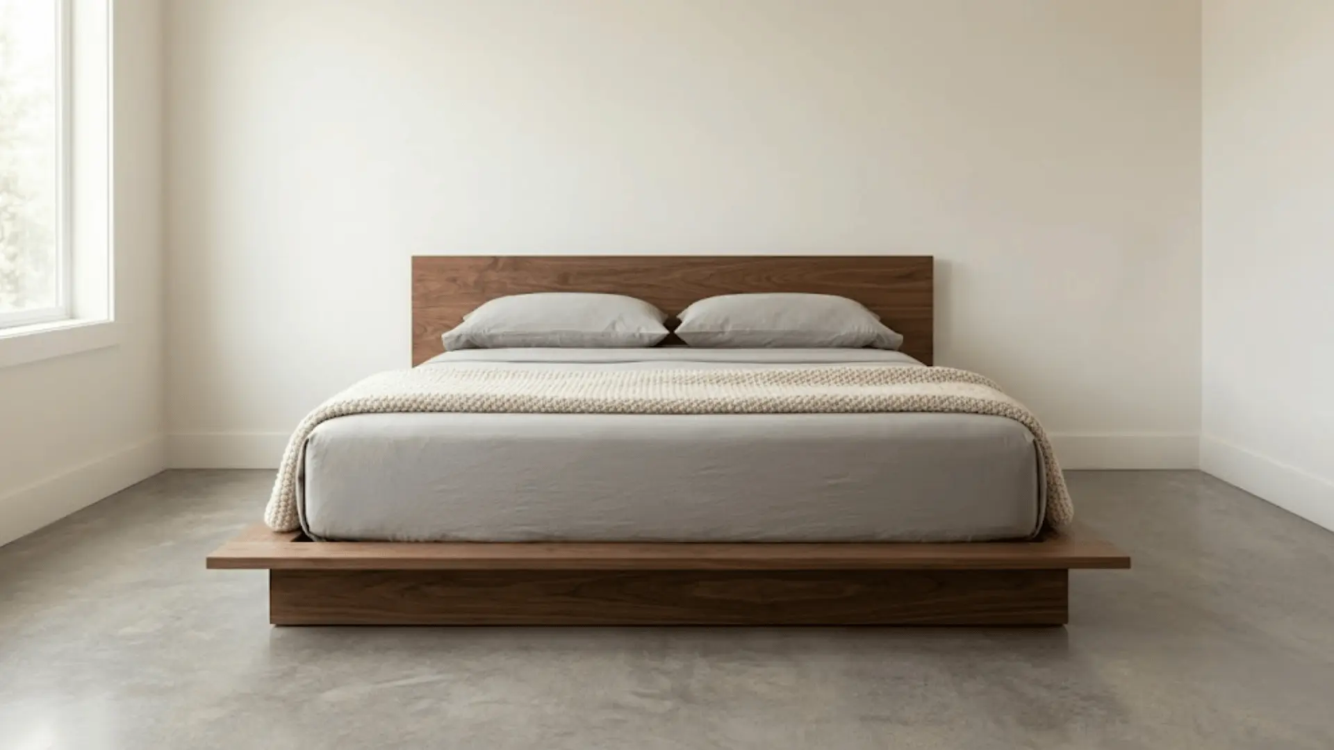 solid platform bed with flat wooden walnut base and grey linen bedding in a minimal bedroom