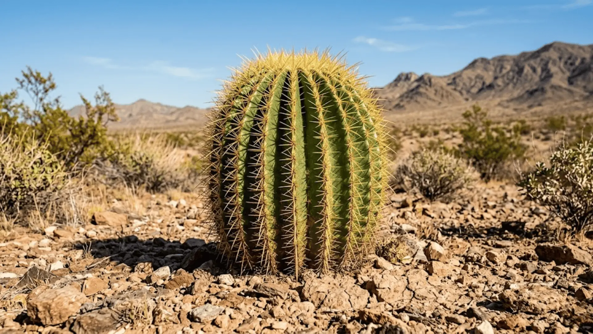 solitary barrel cactus with golden spines standing in rocky desert ground under afternoon sun