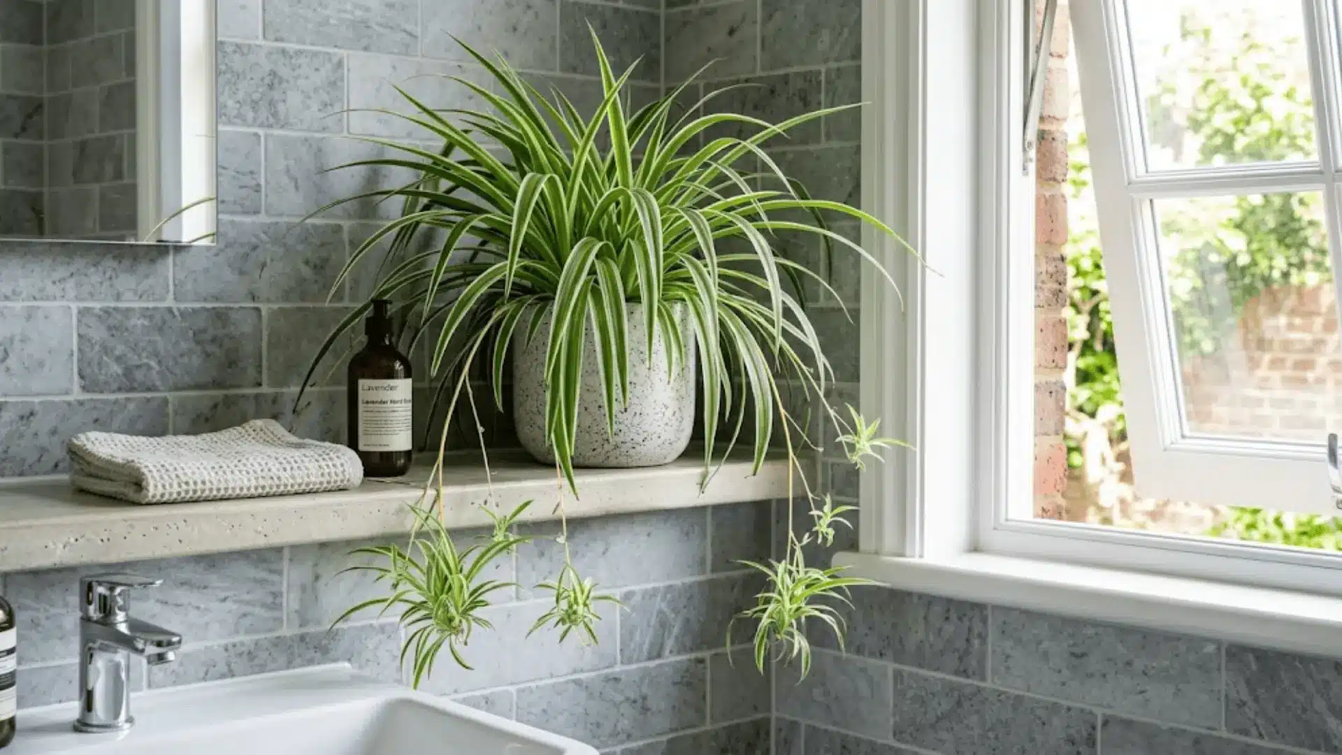 spider plant with arching striped leaves and hanging offshoots on a grey tiled bathroom shelf
