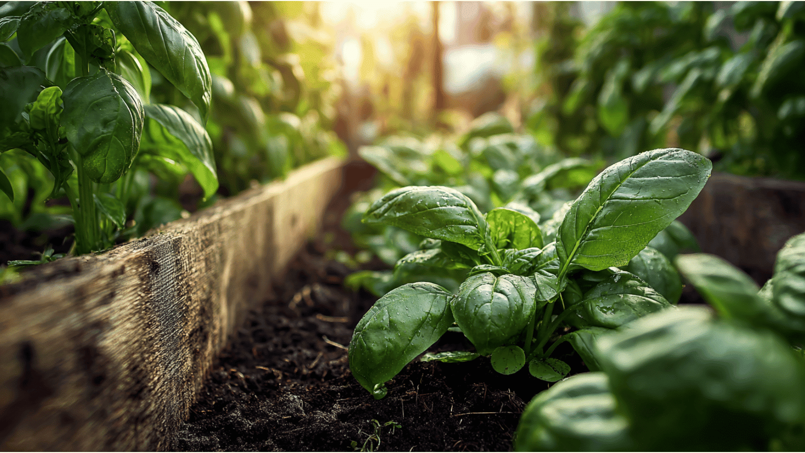 Spinach and basil growing under soft daylight in a long cedar planter with moist earth and leafy greens.