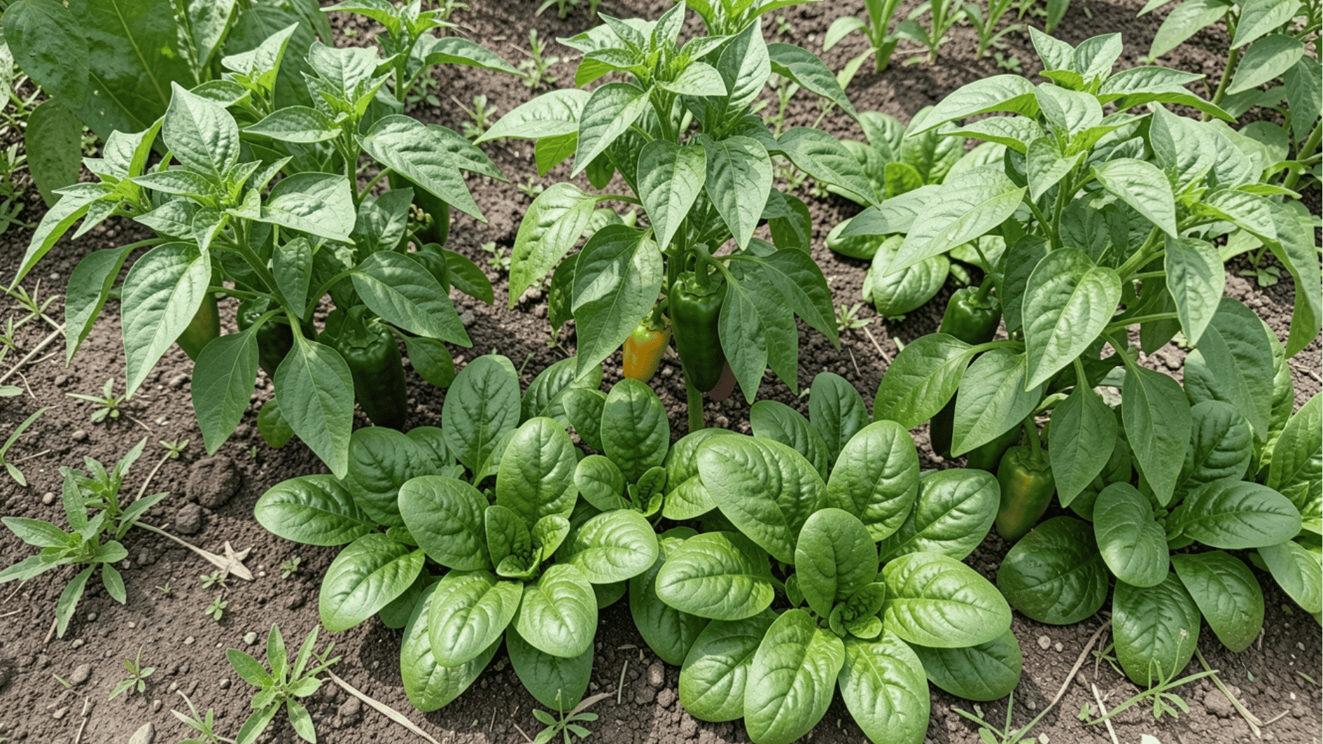 spinach plants with broad green leaves growing densely in soil near young pepper plants in tidy garden rows