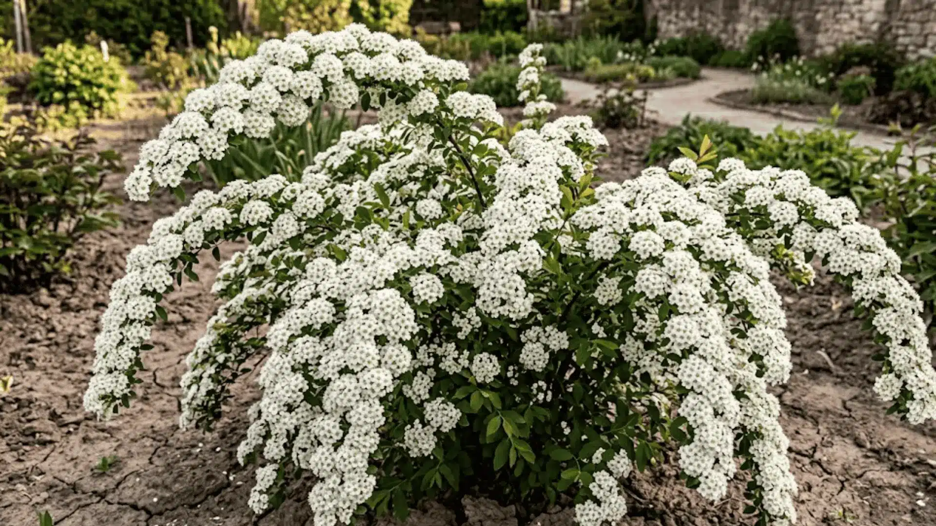spirea shrub with arching branches covered in white flower clusters growing in a dry garden