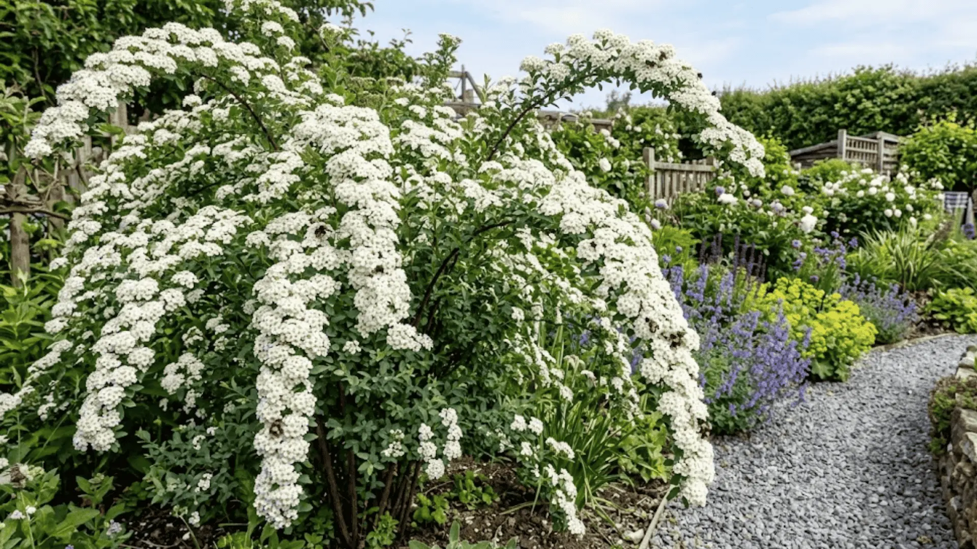 spirea shrub with arching branches covered in dense clusters of tiny white spring flowers