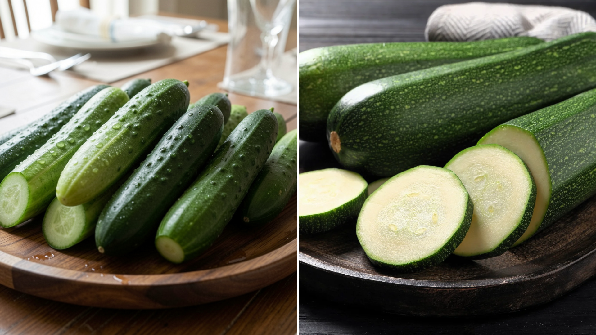 Split collage of fresh cucumbers and zucchinis placed on a dining table showing their color, shape, and texture differences.