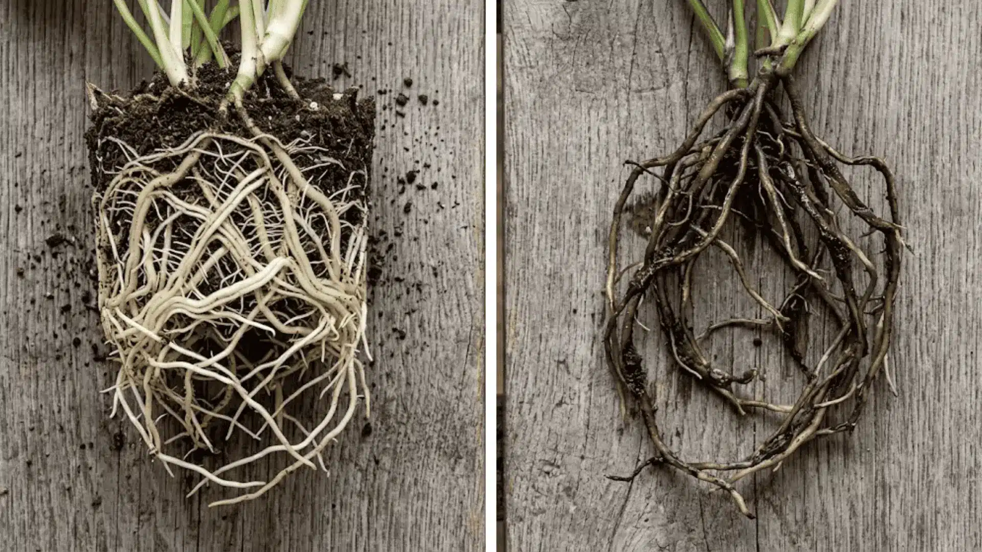 split image comparing white firm healthy plant roots on left and dark mushy rotten roots on right on wooden surface