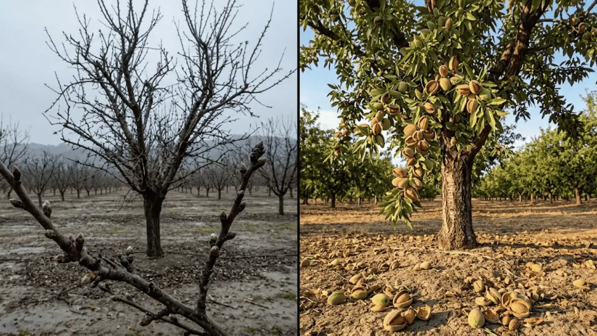 split image of almond tree in winter dormancy and late summer hull split stage in a real orchard