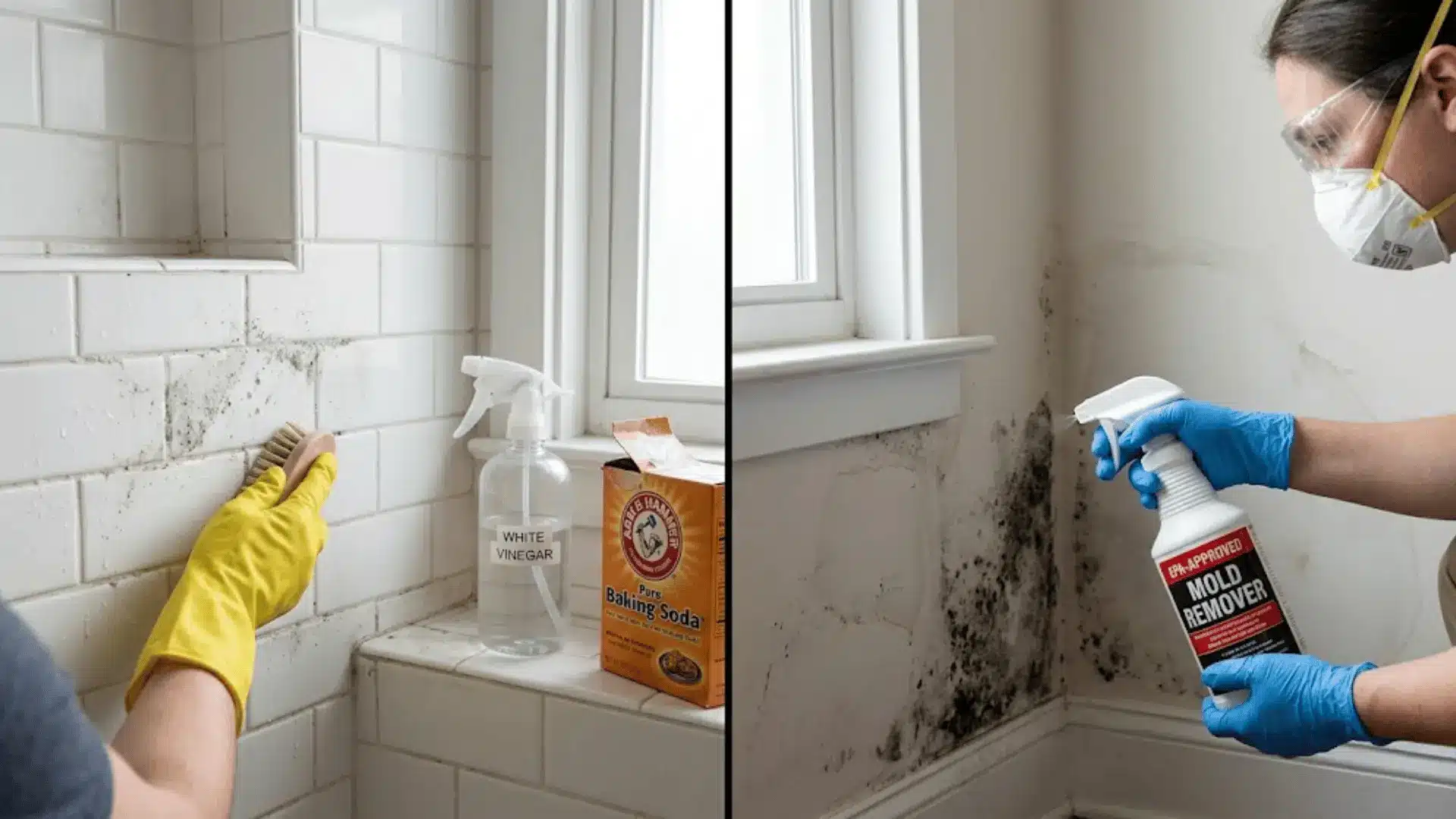 split image of hands scrubbing mildew off tile with vinegar left and person in mask and gloves treating black mold on drywall right