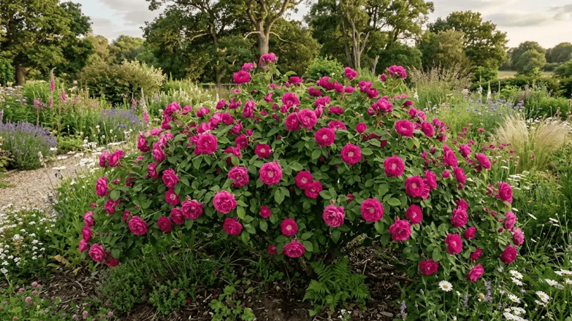 spreading shrub rose covered in deep magenta blooms with golden centres in a naturalistic informal garden landscape