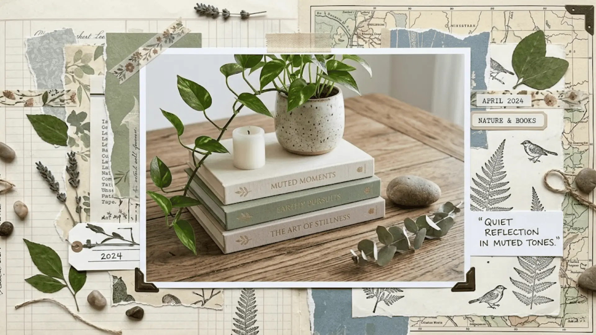 stack of linen hardback books with candle and trailing plant as styled dining table centerpiece
