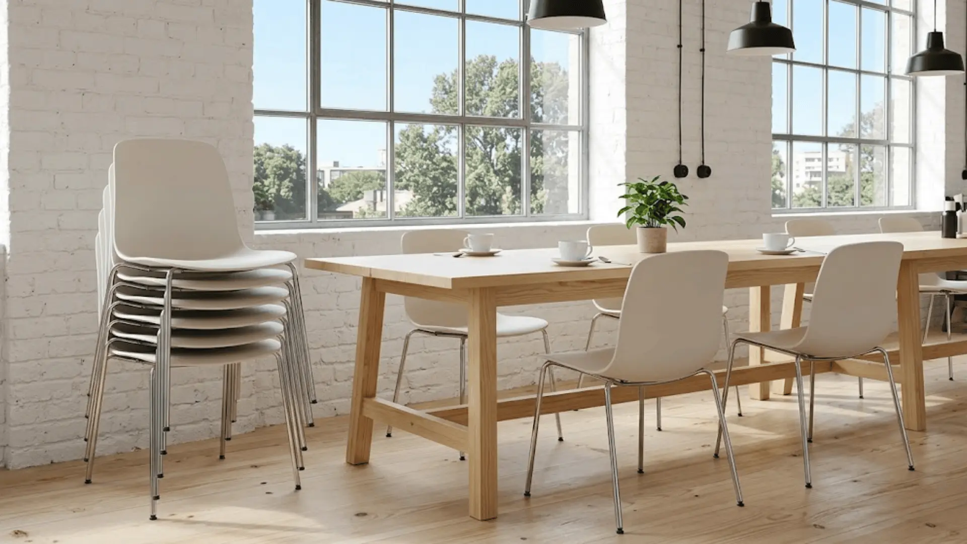 stacked matte white polypropylene chairs beside a communal table in a bright minimal scandinavian cafe