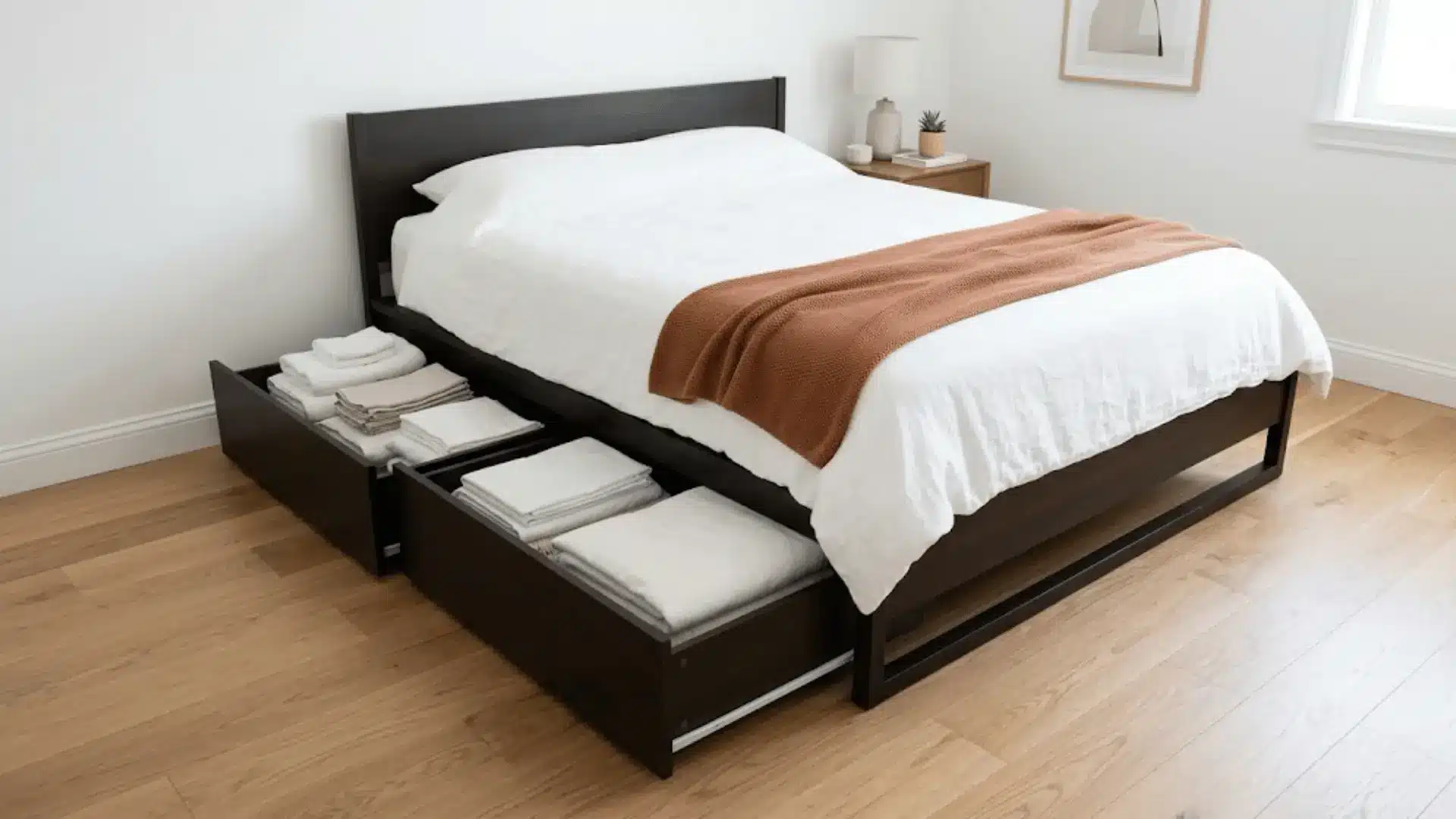 storage platform bed with open wooden drawers and white bedding in a clean minimal bedroom