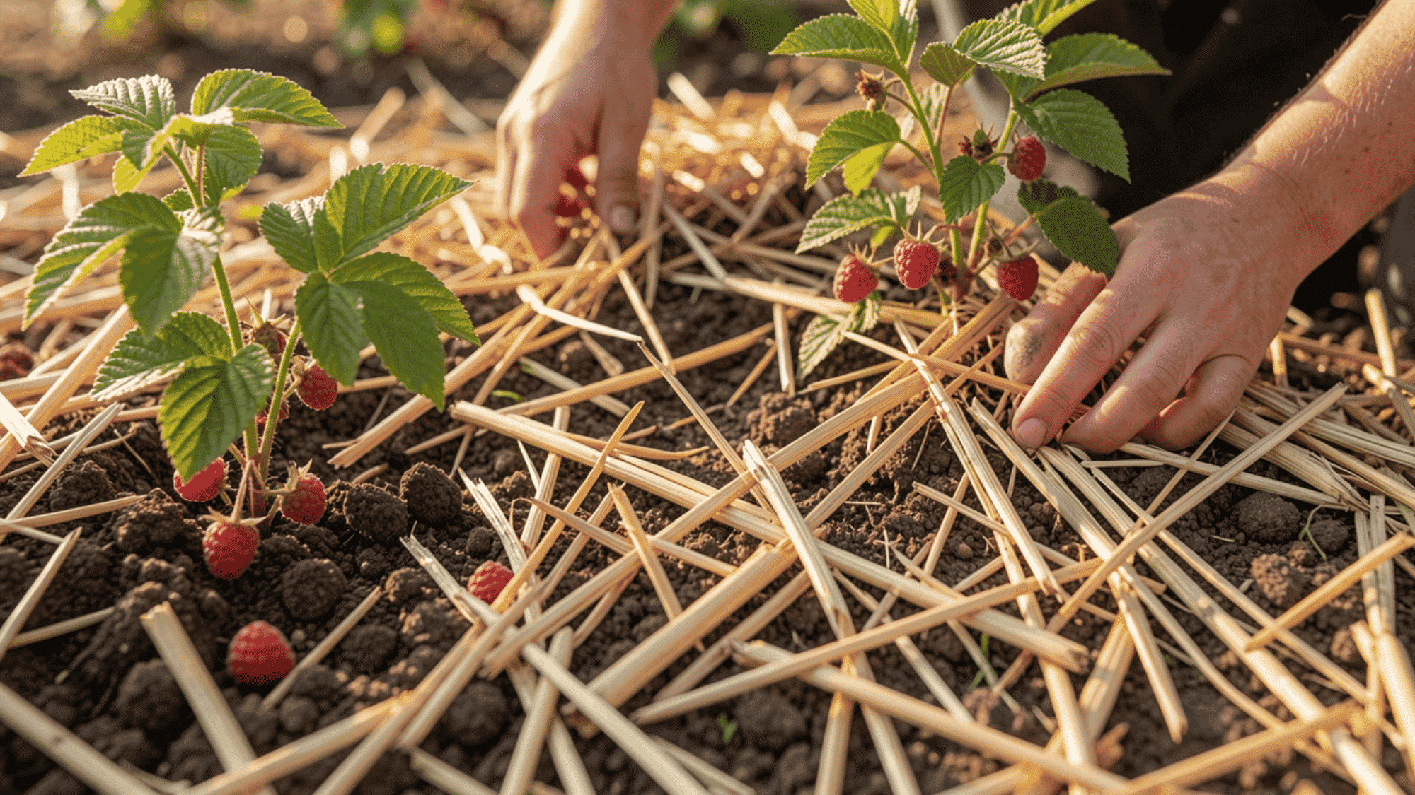 straw mulch being spread around the base of young raspberry plants in an outdoor garden bed