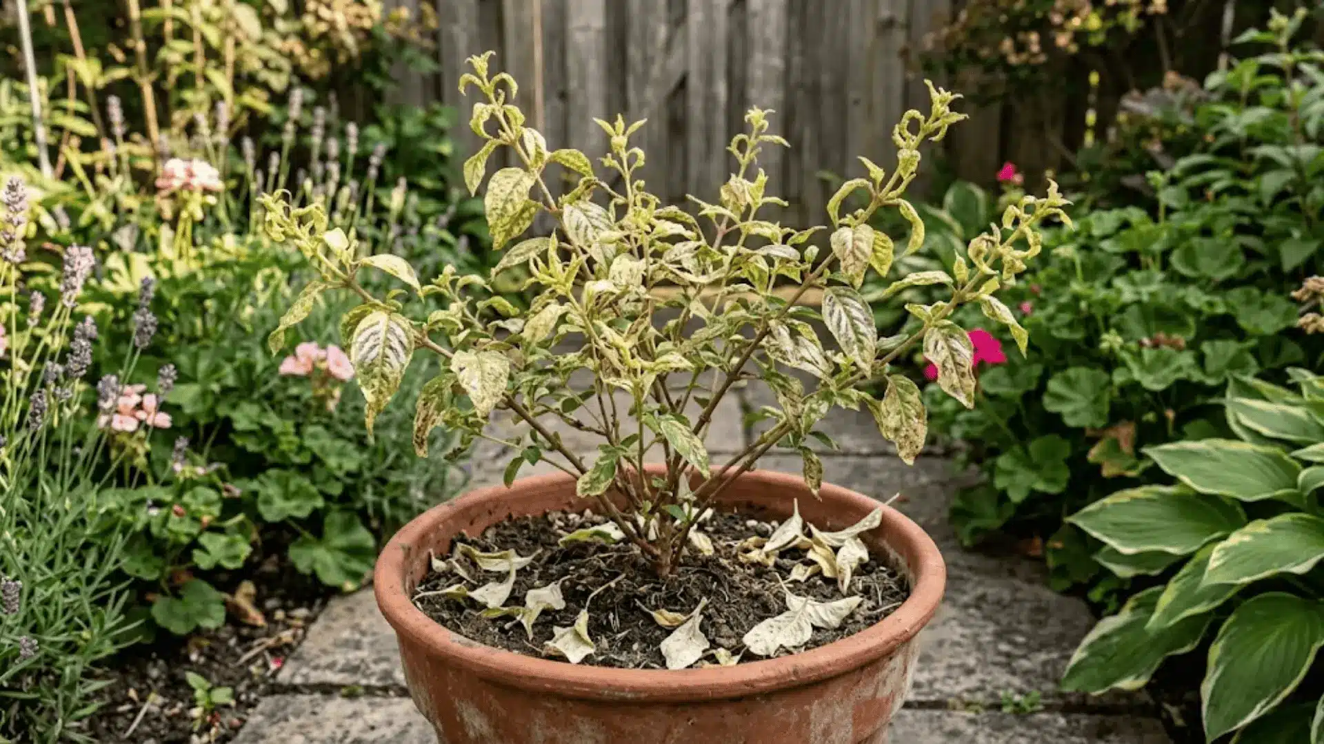 stunted stressed plant with sparse pale foliage and dropped leaves from prolonged thrips infestation