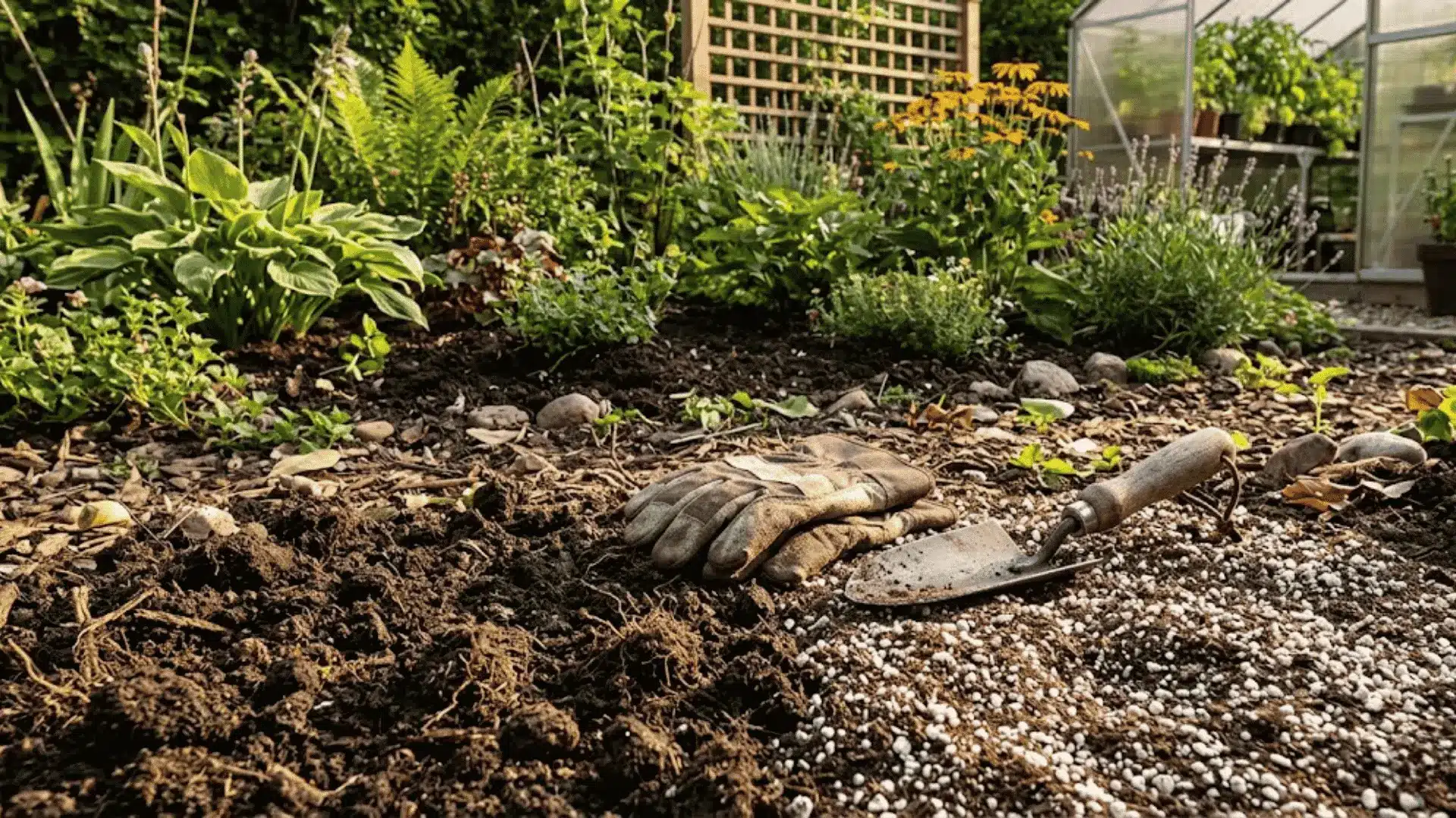 sun-lit garden bed with two contrasting soil textures, gardening gloves, and trowel resting on rich ground