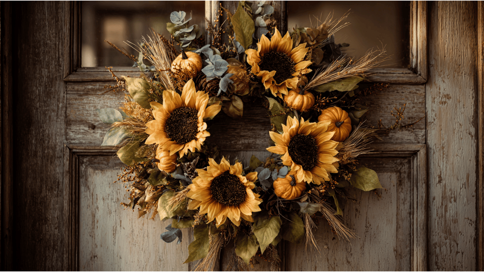 sunflower wreath with yellow blooms mini pumpkins wheat stems and greenery hanging on a rustic wooden front door