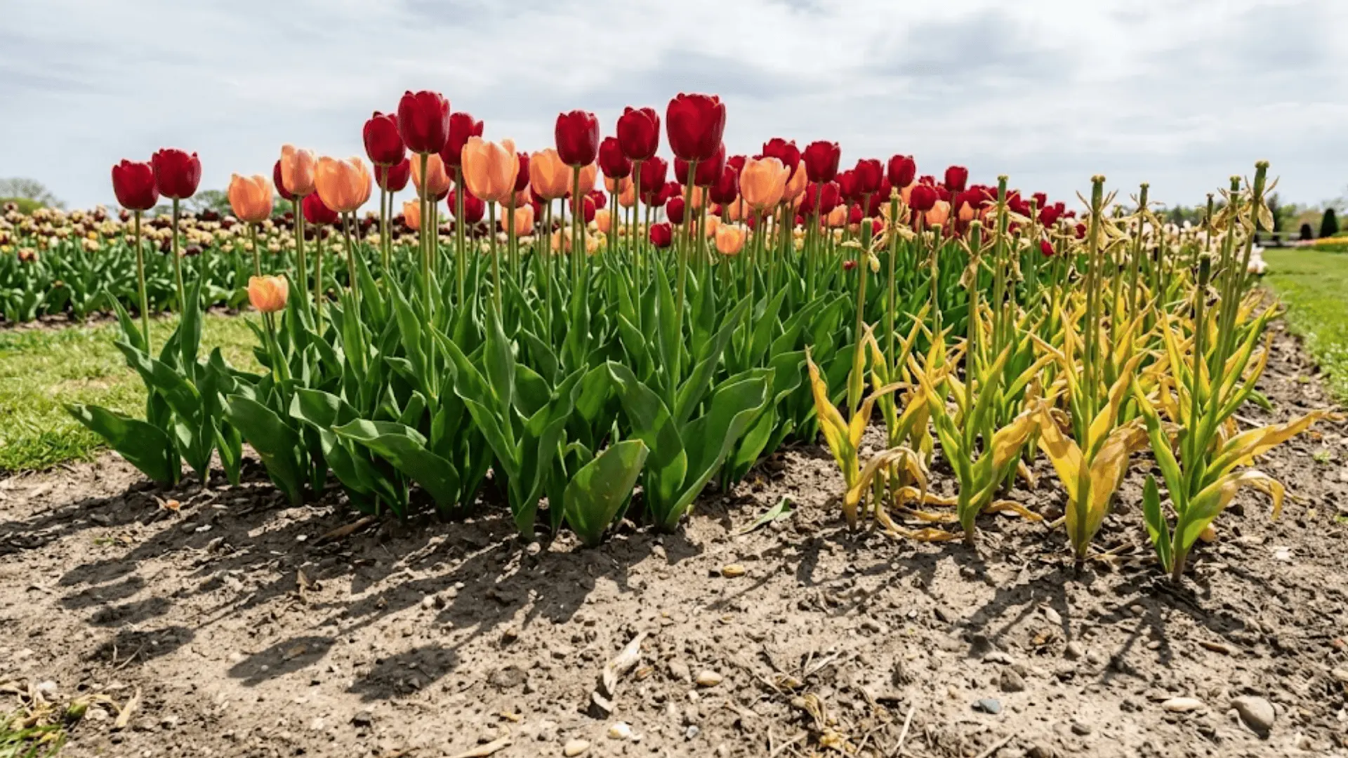 sunlit tulip garden bed with blooming and dying back foliage in natural sandy soil