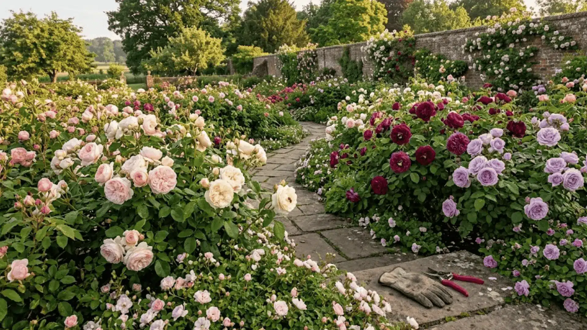 sweeping rose garden at golden hour with diverse varieties from climbing to groundcover along a stone garden path