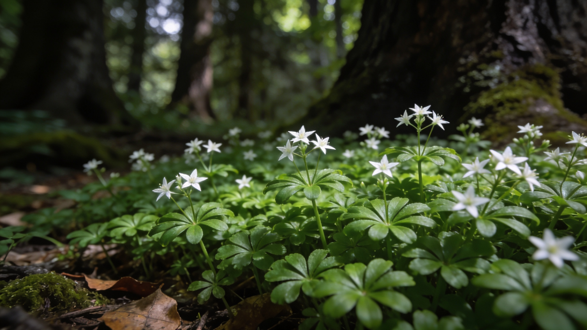 sweet woodruff ground cover with delicate white flowers forming a dense carpet in deep shade beneath trees