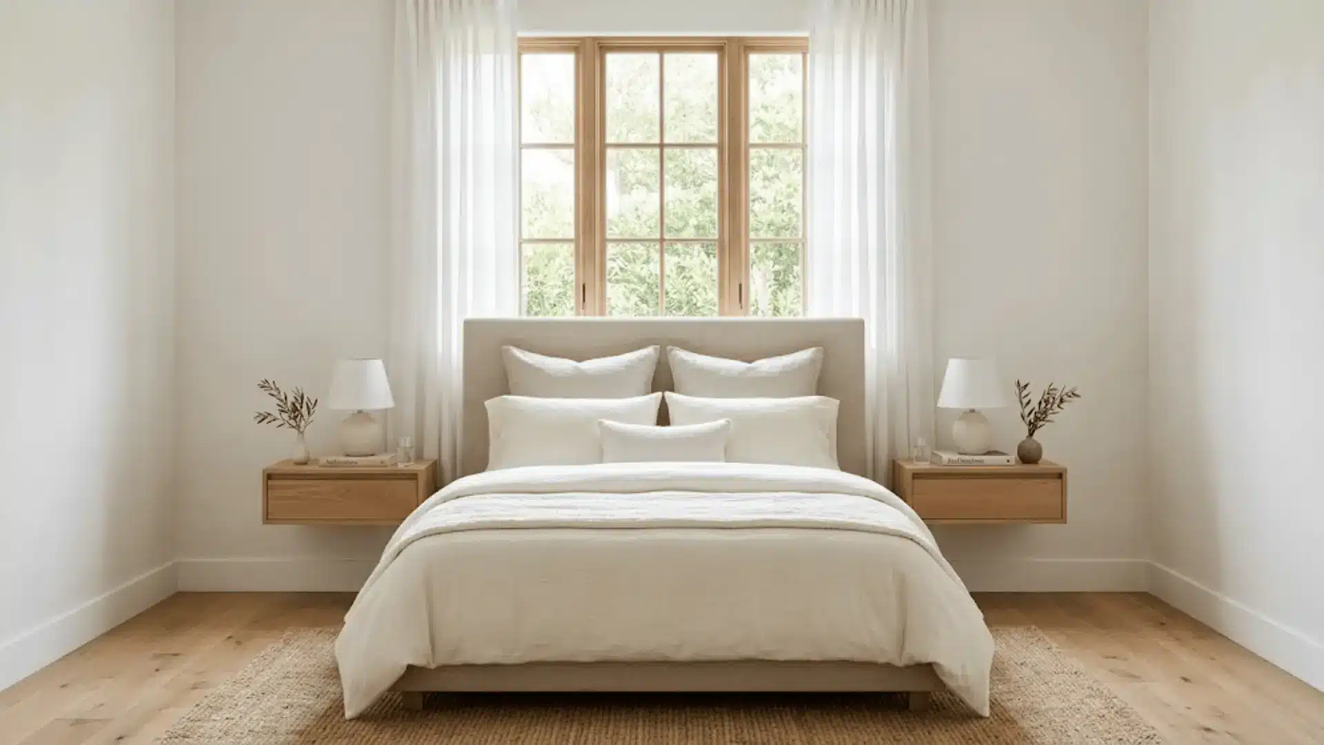 symmetrical neutral bedroom with matching oak nightstands, ceramic lamps, oatmeal headboard, and ivory linen