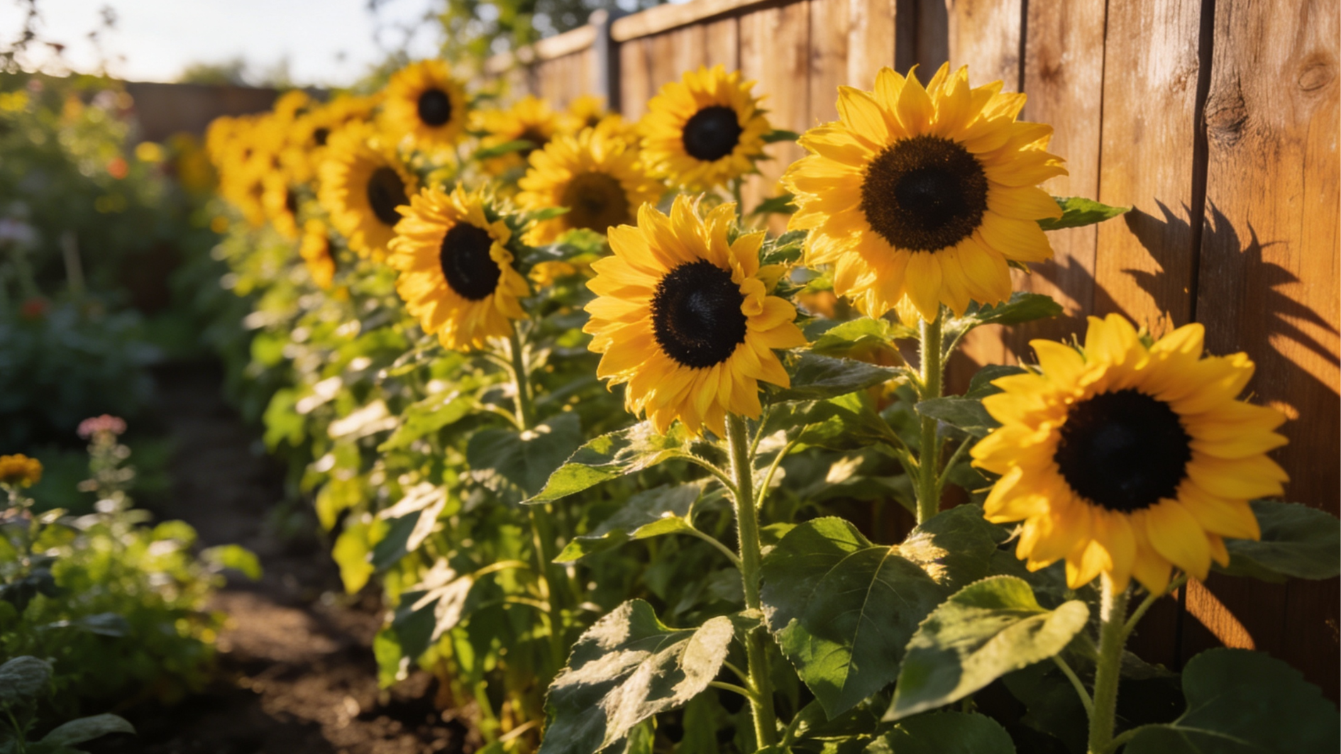 tall bright sunflowers with large golden petals growing in a dense row along a garden fence for natural weed suppression