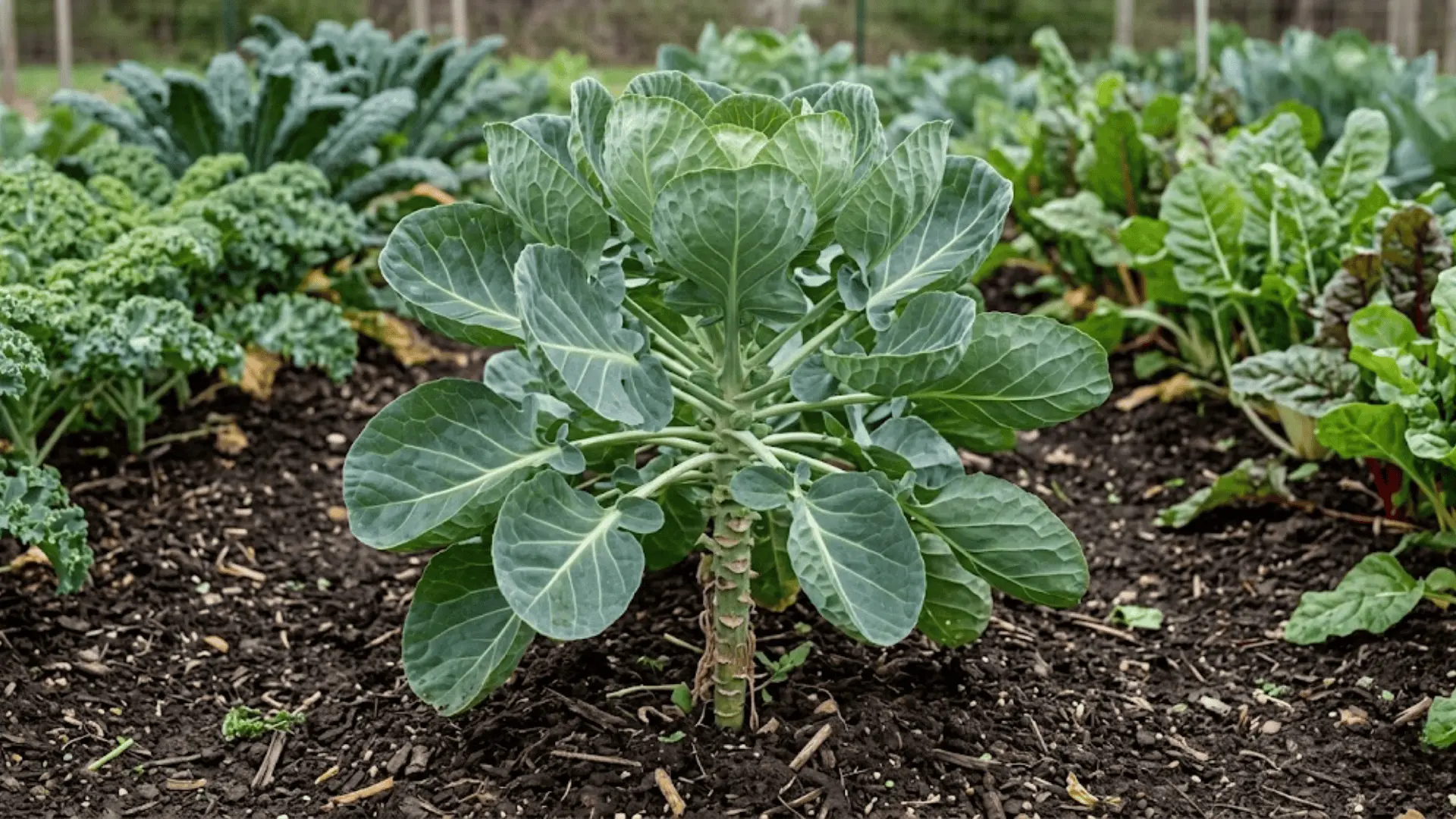 tall brussels sprout plant with broad waxy leaves in a garden bed, overcast natural light, surrounding rows visible