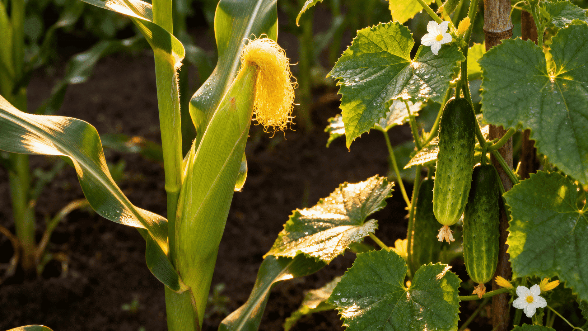 tall corn stalks growing beside cucumber vines in a sunlit vegetable garden with healthy green summer plants.