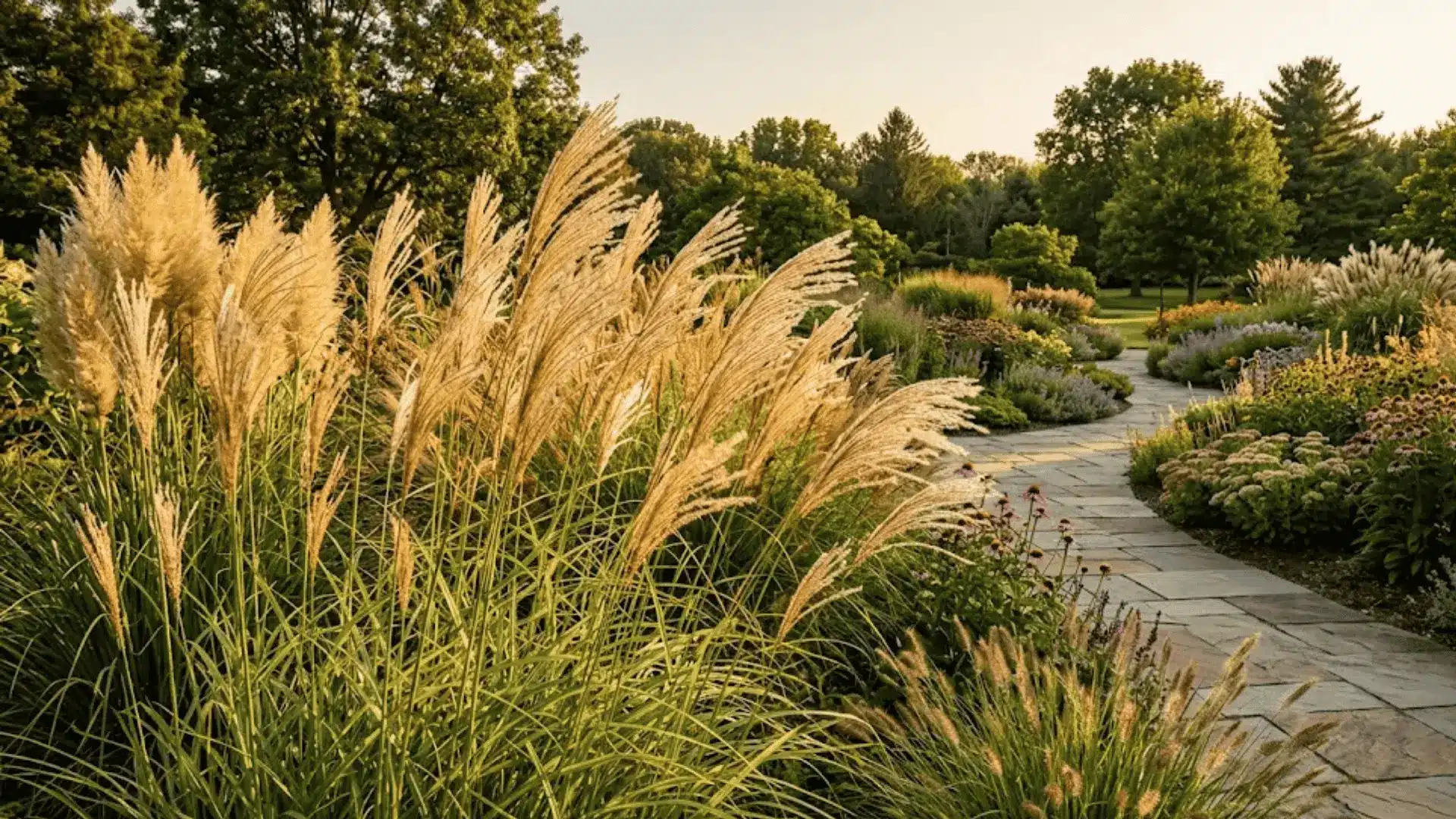 tall ornamental grasses with feathery seed heads in golden afternoon backlight with sharp garden landscape behind