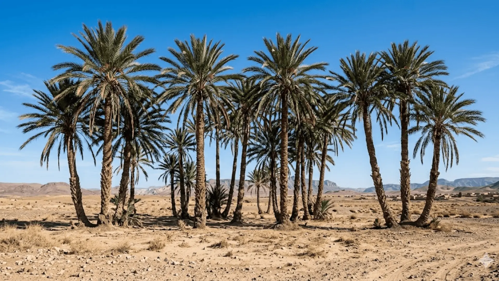 tall palm trees with detailed ringed trunks and arching fronds growing in dry sandy ground under blue sky