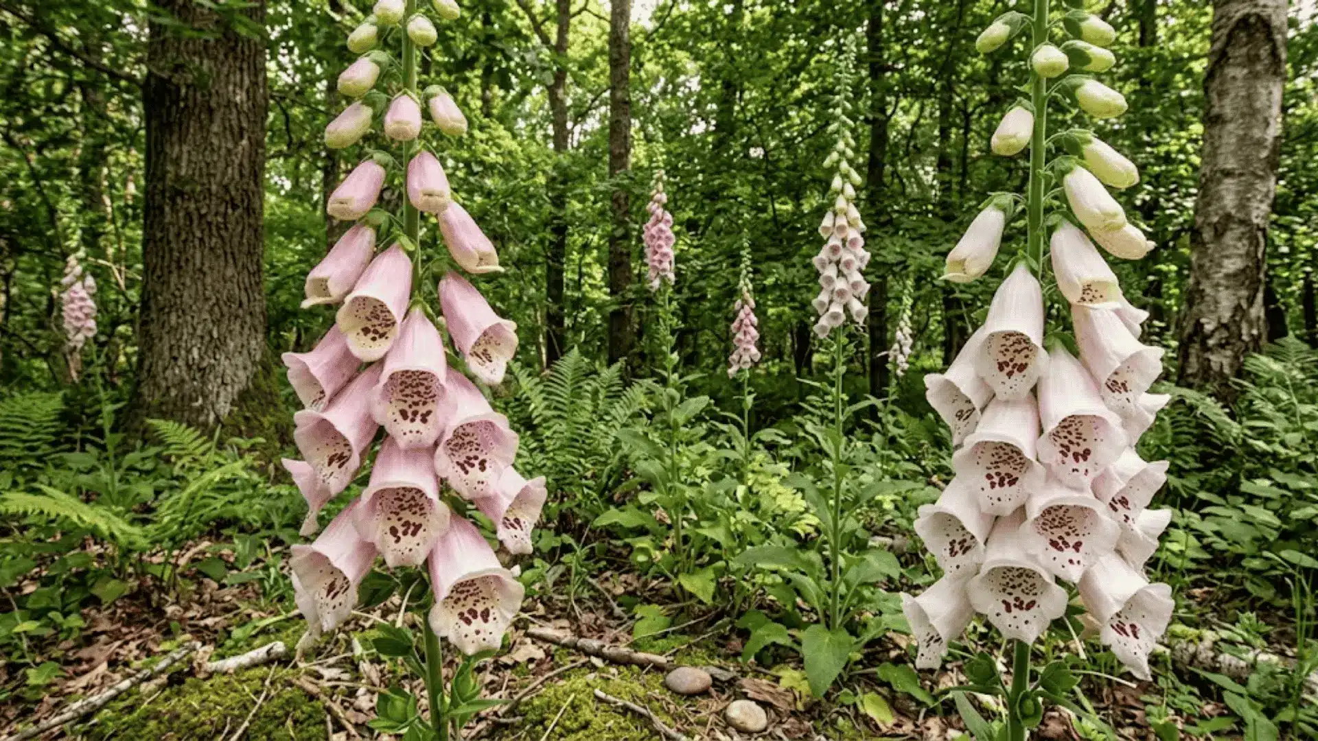 tall pink and white foxglove spires in a woodland garden with ferns and forest floor in focus
