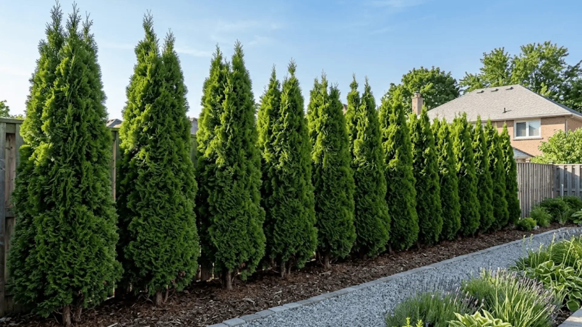 tall row of arborvitae shrubs forming a dense privacy screen along a garden boundary