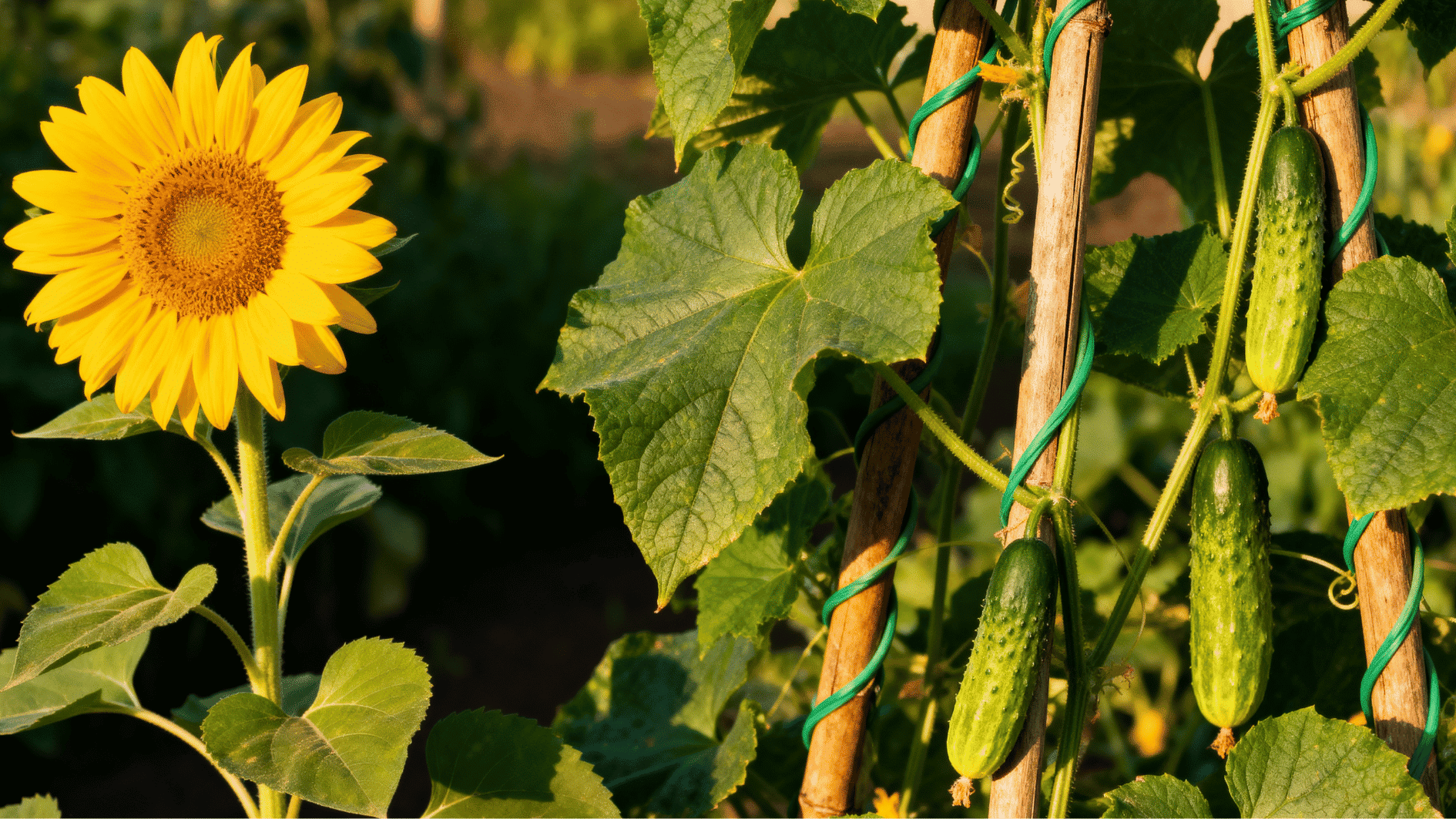tall sunflower growing beside climbing cucumber vines on a wooden trellis in a bright summer vegetable garden.