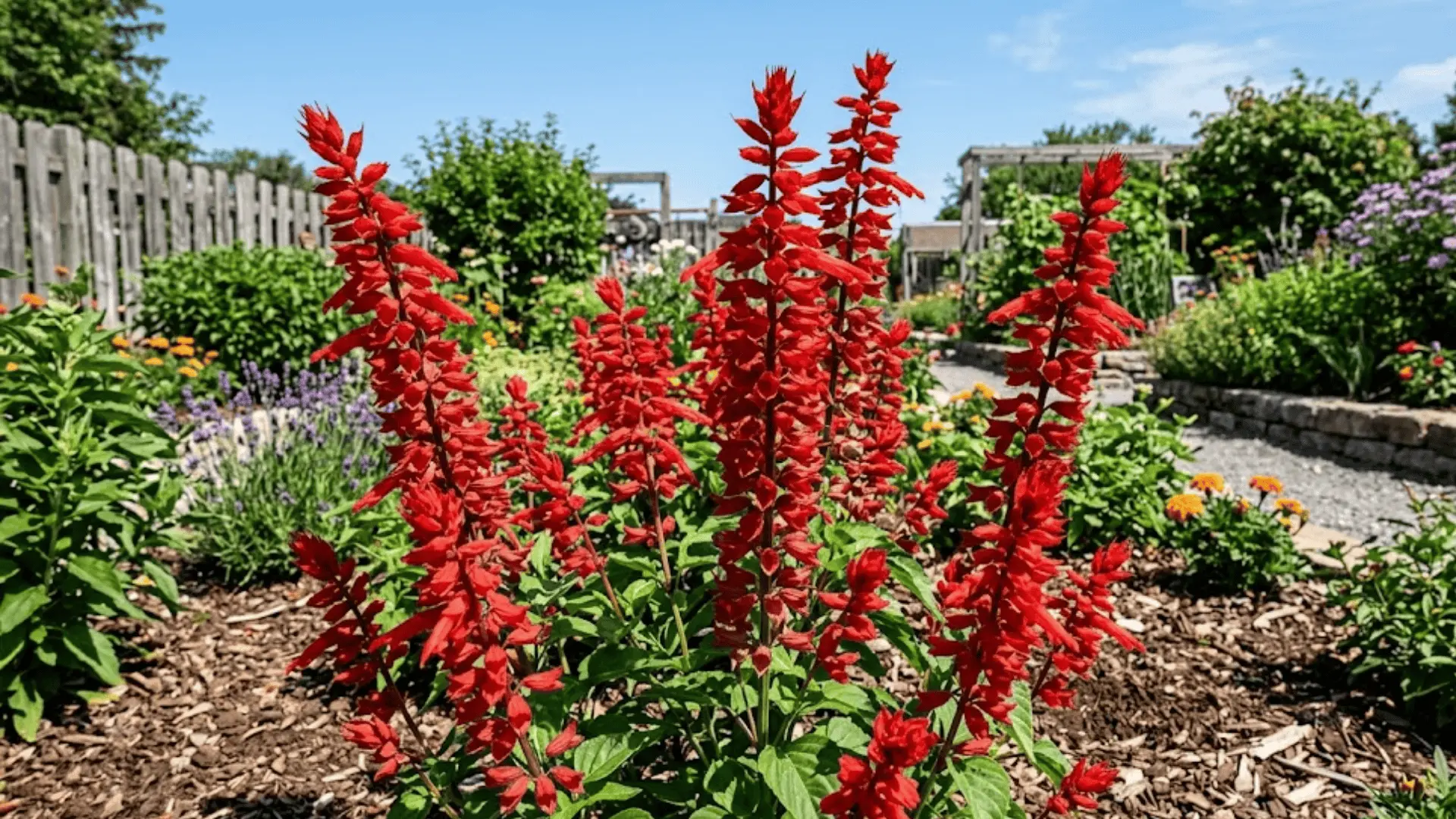 tall vivid red salvia spikes in a sunny garden bed with crisp surrounding soil and green stems