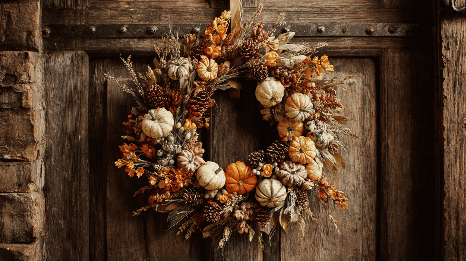 thanksgiving wreath with pumpkins pinecones dried leaves and wheat hanging on a rustic wooden front door outdoors