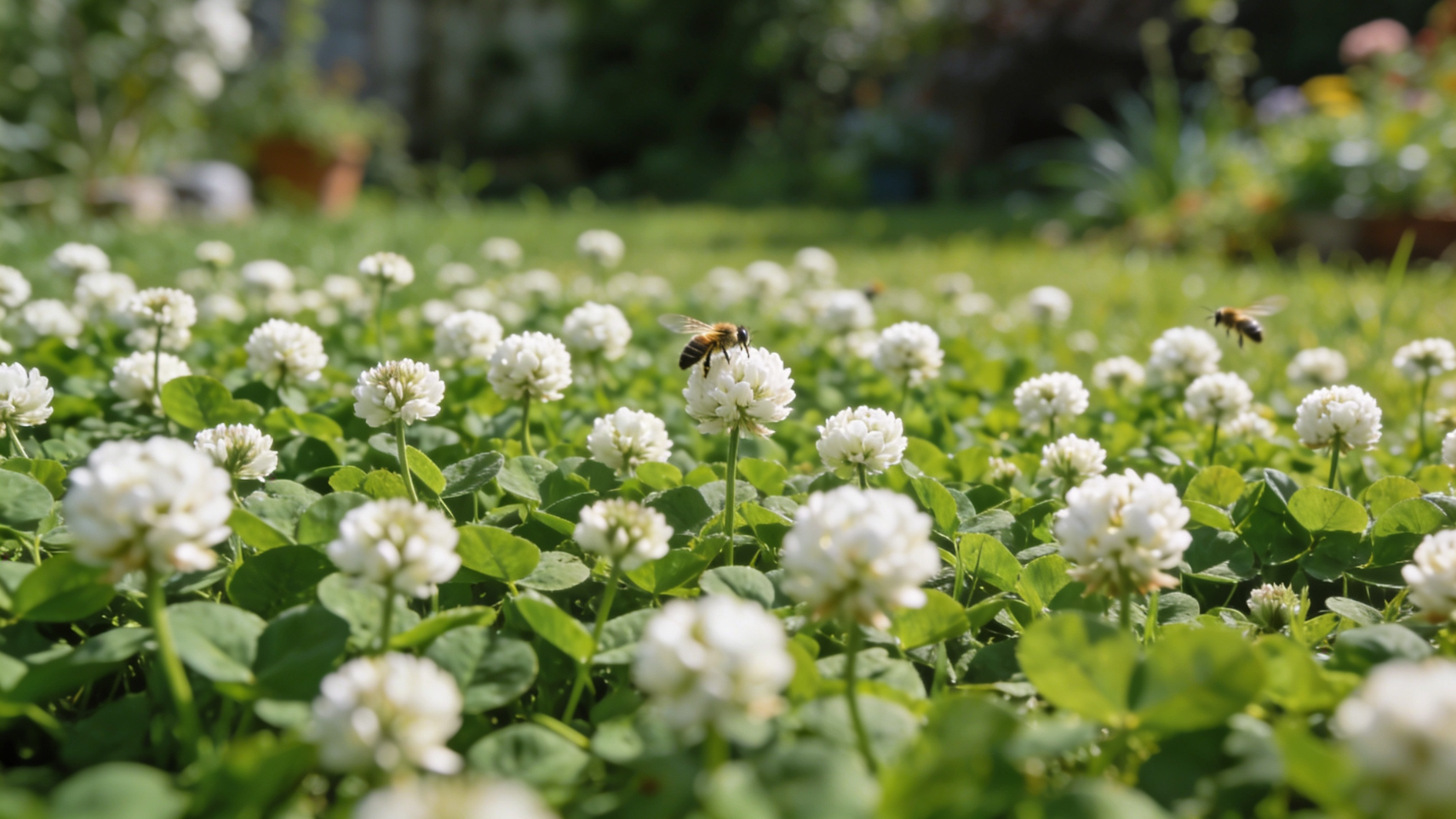 thick white clover ground cover with small white flowers and bees spreading densely across a garden lawn