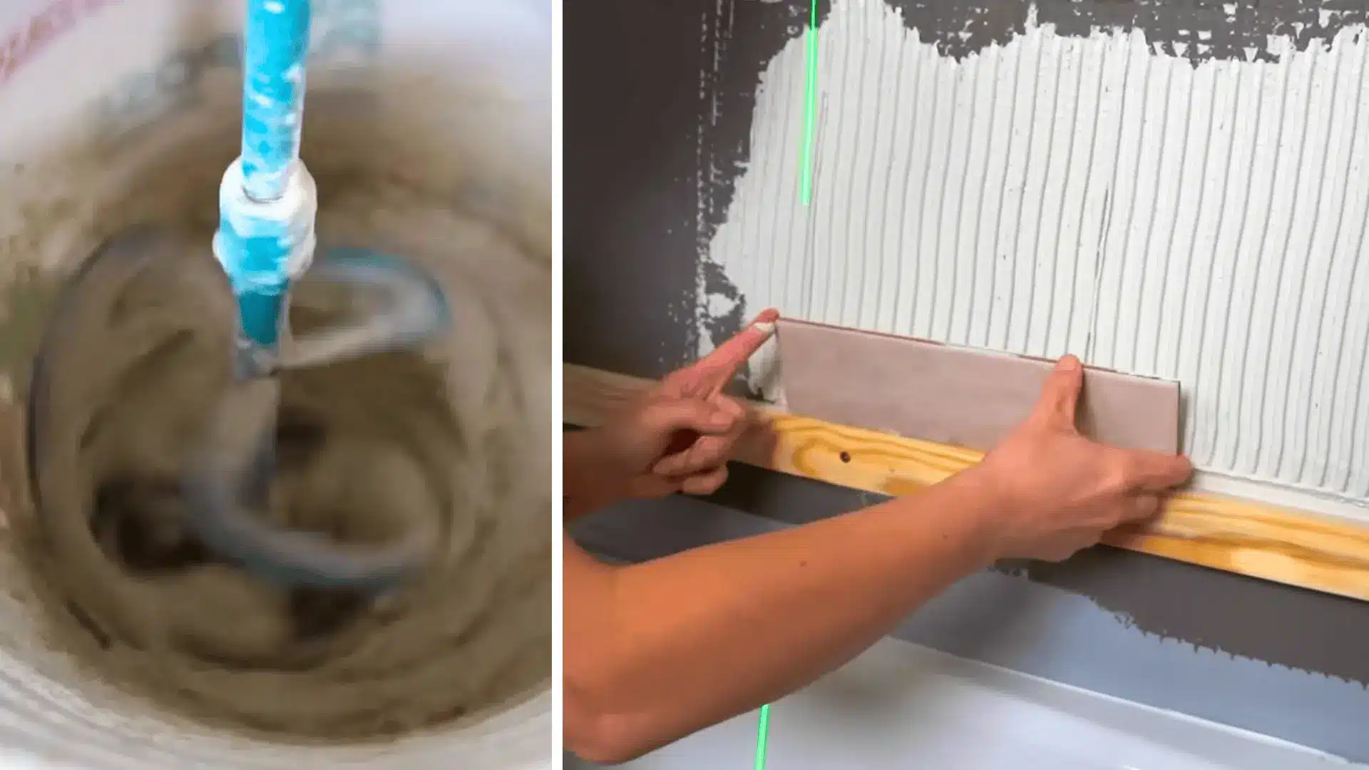 thin set mortar being mixed in a bucket and first tile being placed on a notched troweled wall