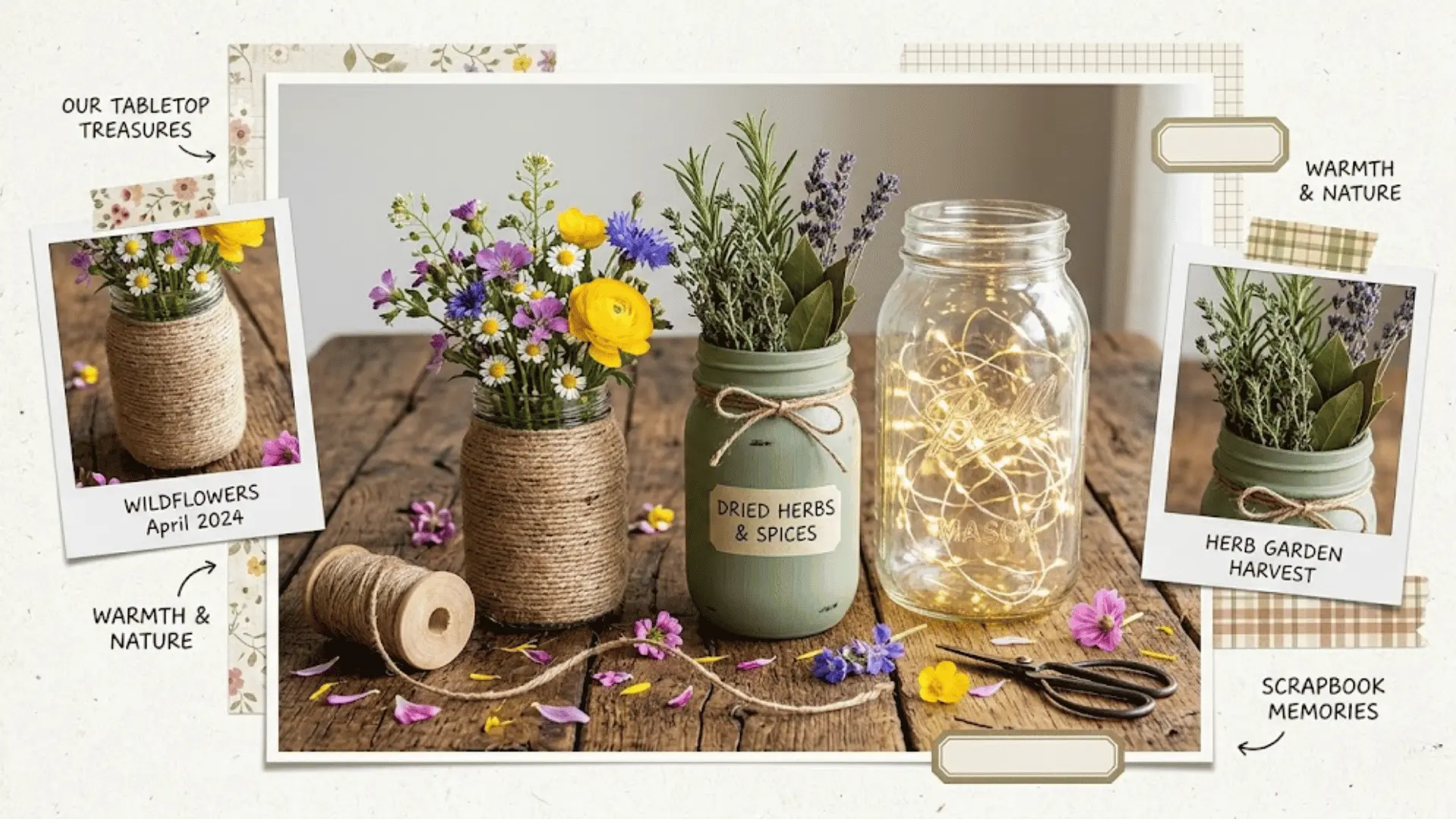 three diy mason jars with wildflowers twine and fairy lights as centerpiece on rustic wooden table