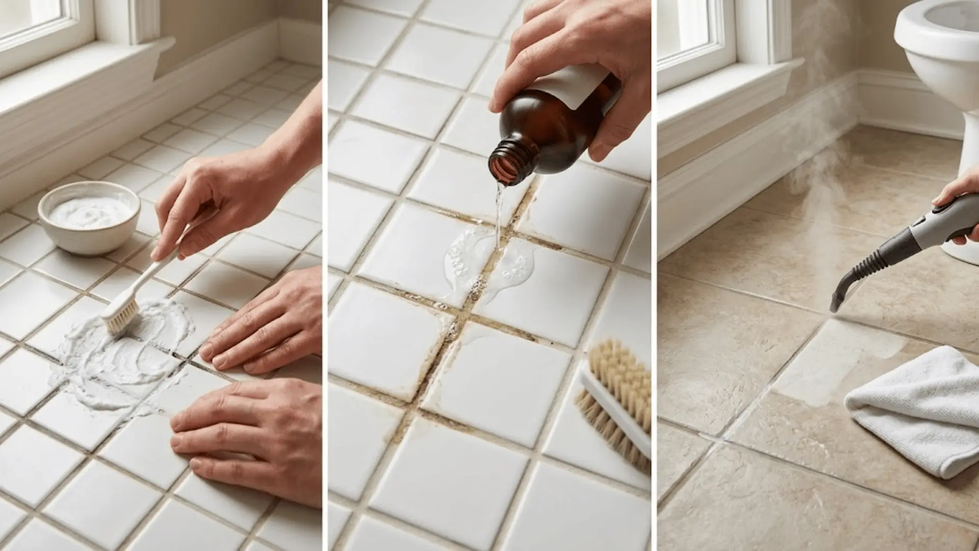 three-panel image showing grout cleaning with baking soda paste, hydrogen peroxide, and a steam cleaner