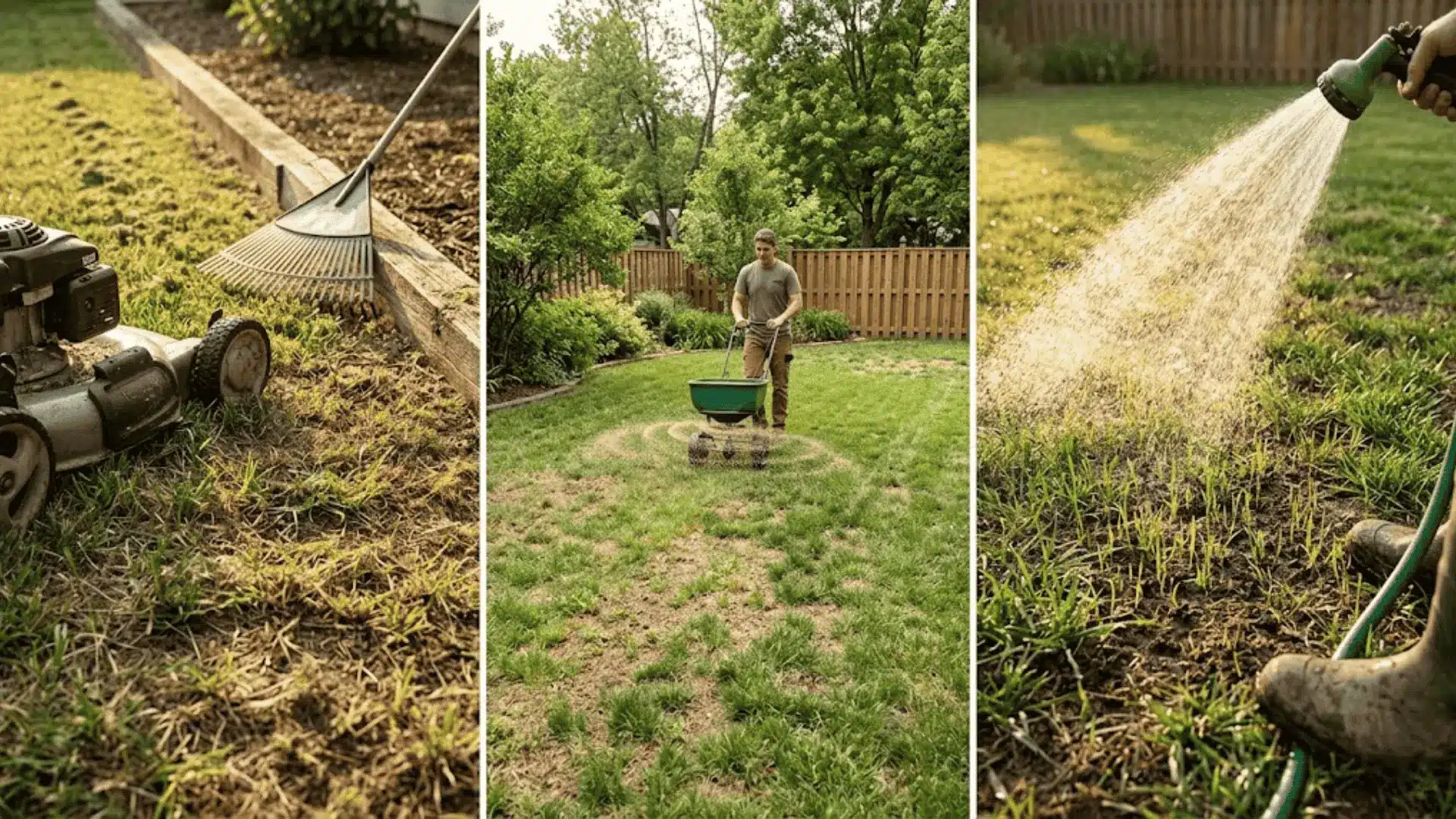 three-panel image showing lawn overseeding steps including mowing, spreading seed, and watering new growth