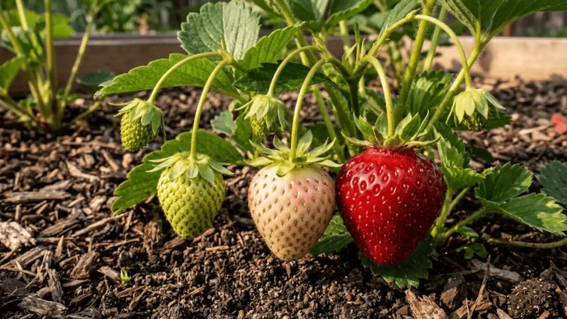 three strawberries at different ripening stages from green to red hanging on a plant