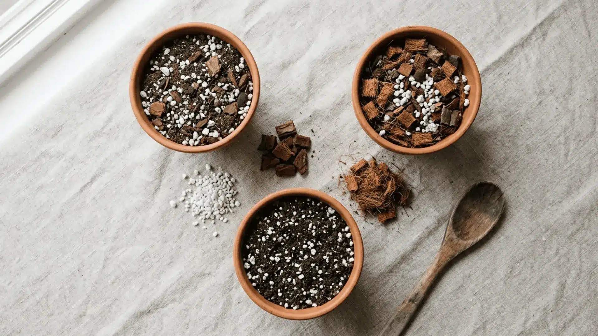 three terracotta pots with different pothos soil mix recipes flat lay on linen surface with scattered raw ingredients