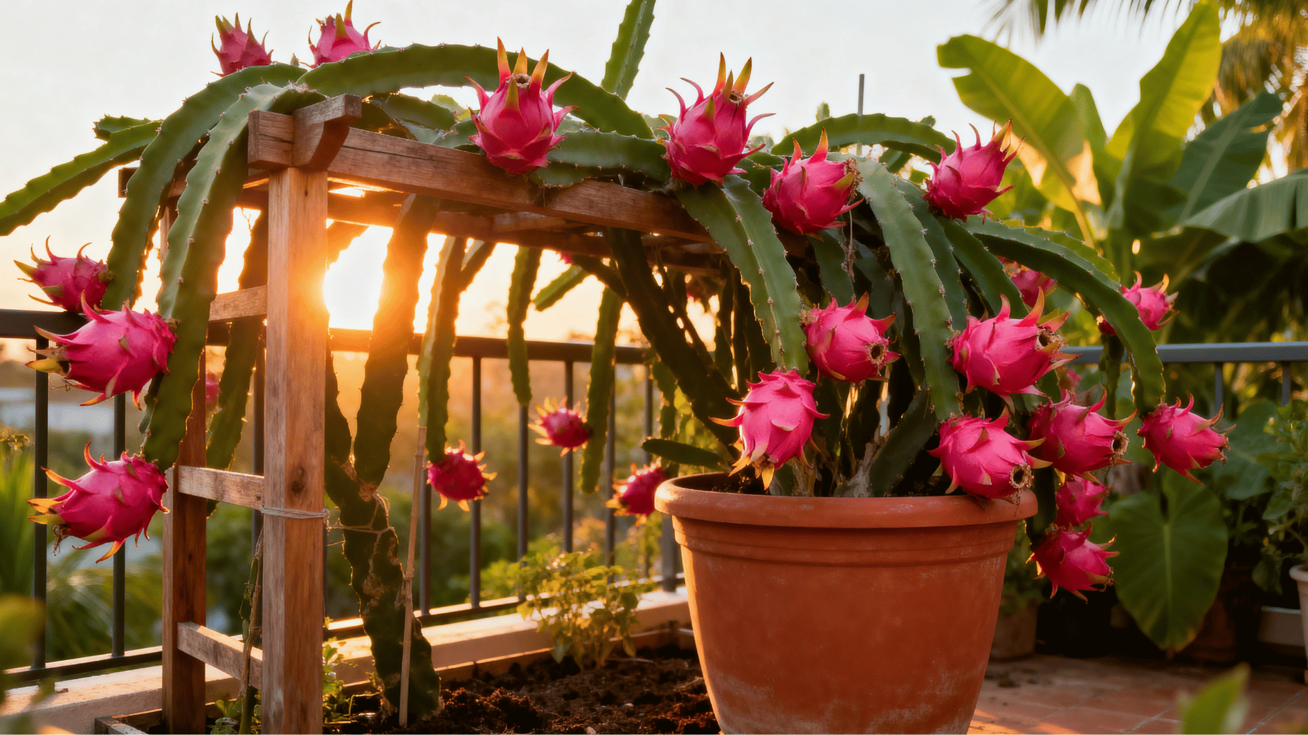 thriving dragon fruit plant loaded with bright pink fruits in a terracotta pot under warm balcony sunset light