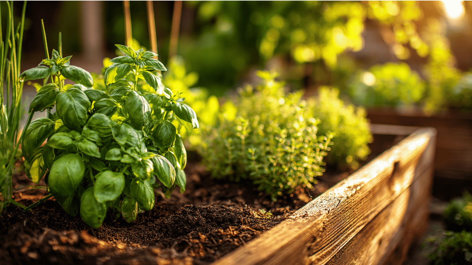 Thyme and basil growing together in a sunlit cedar planter with herbal greenery and fresh earthy garden soil.