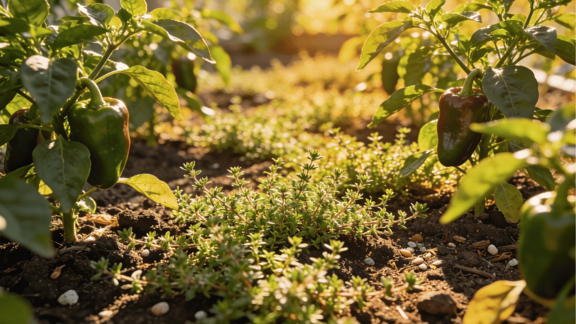 thyme growing low in soil between pepper plants with warm golden light highlighting small leaves and texture