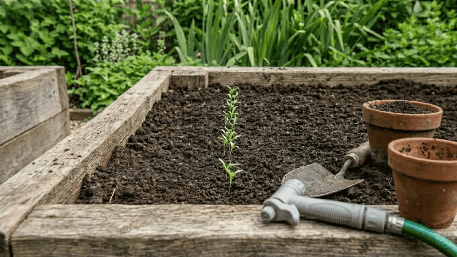 tiny carrot seedlings emerging in a row from moist dark soil in a wooden raised garden bed