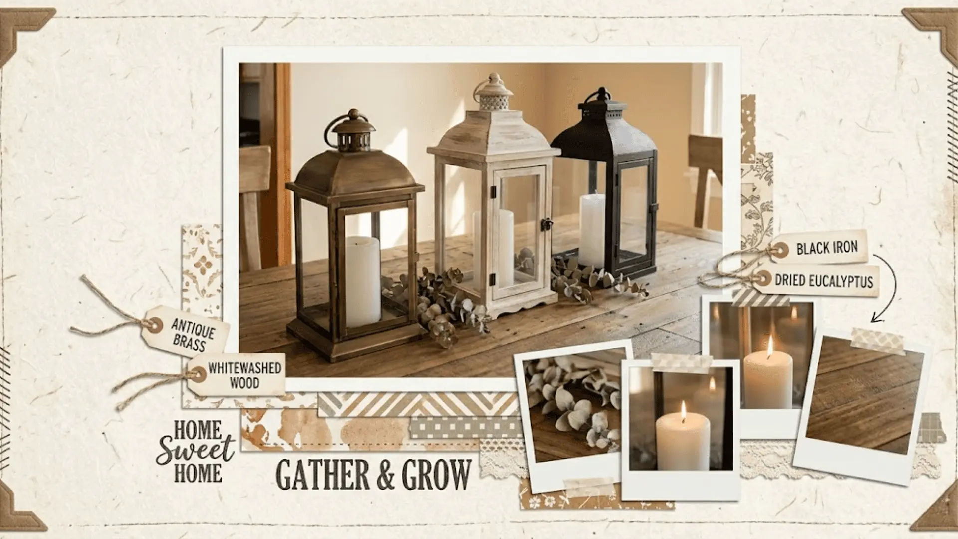 trio of antique brass wood and iron lanterns with pillar candles as dining table centerpiece