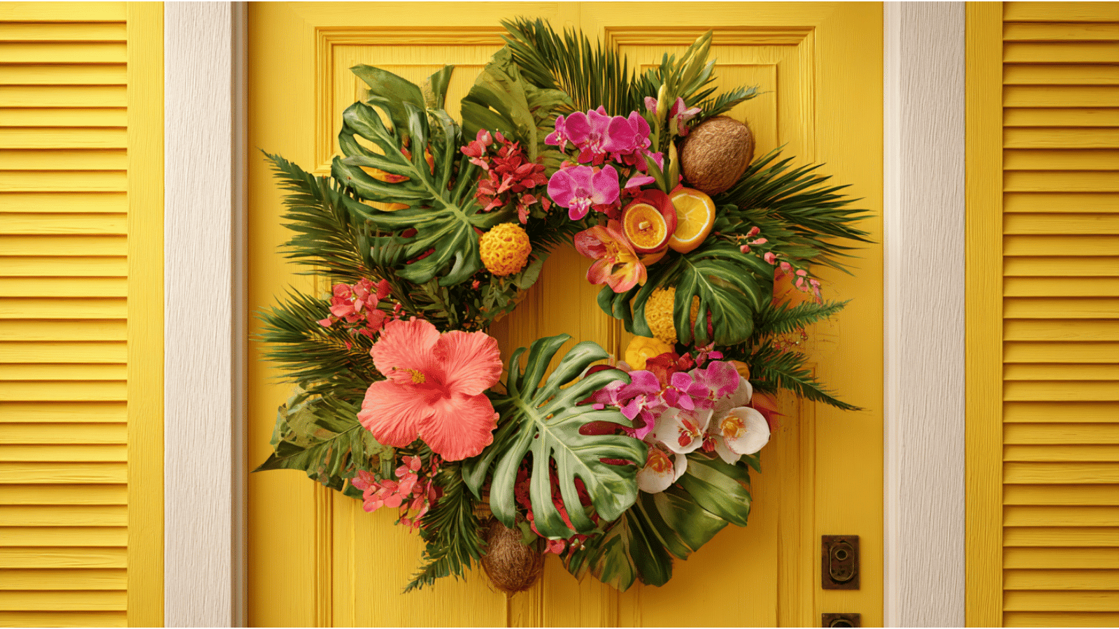 tropical wreath with palm leaves orchids hibiscus flowers and coconuts hanging on a bright yellow front door