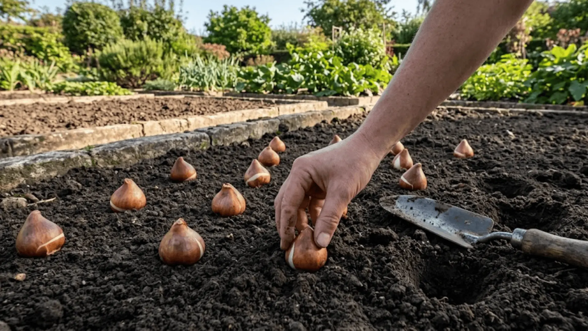 tulip bulbs evenly spaced on dark garden soil before planting, hand adjusting spacing, stone edged bed, soft natural daylight