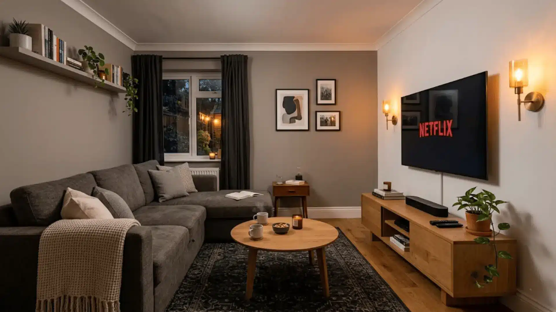 tv lounge spare bedroom with charcoal sofa bed, wall-mounted screen, warm sconce lighting, and wood console