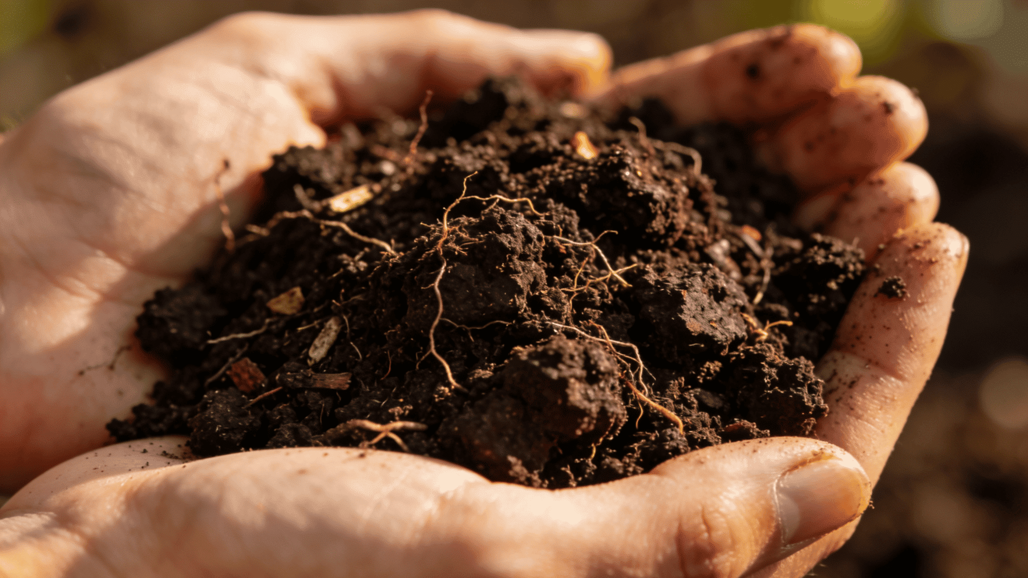 two hands holding rich dark crumbly garden soil with visible fine roots and organic debris in natural sunlight