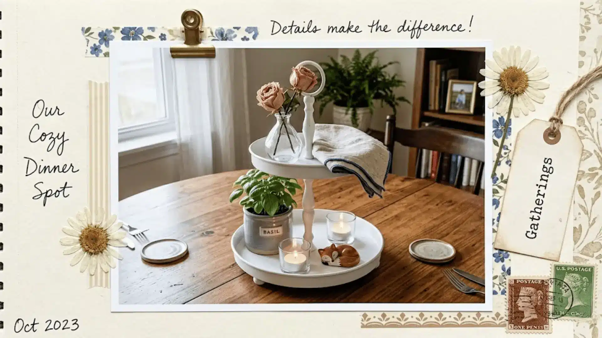 two tiered white metal tray with candles plant and bud vase as small dining table centerpiece